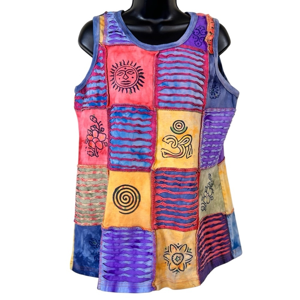 Rising International NEPAL HIPPIE PATCHWORK & Hand Painted WIDE STRAP TANK TOP